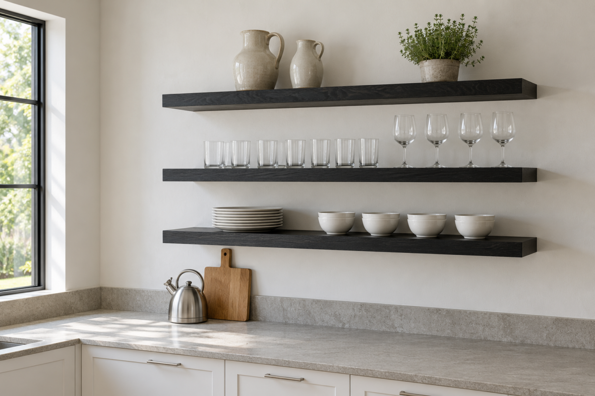 Three thick black oak floating shelves on a white plaster kitchen wall, evenly spaced above a pale limestone counter and holding white plates, glasses, and bowls.