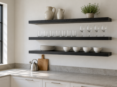 Three thick black oak floating shelves on a white plaster kitchen wall, evenly spaced above a pale limestone counter and holding white plates, glasses, and bowls.