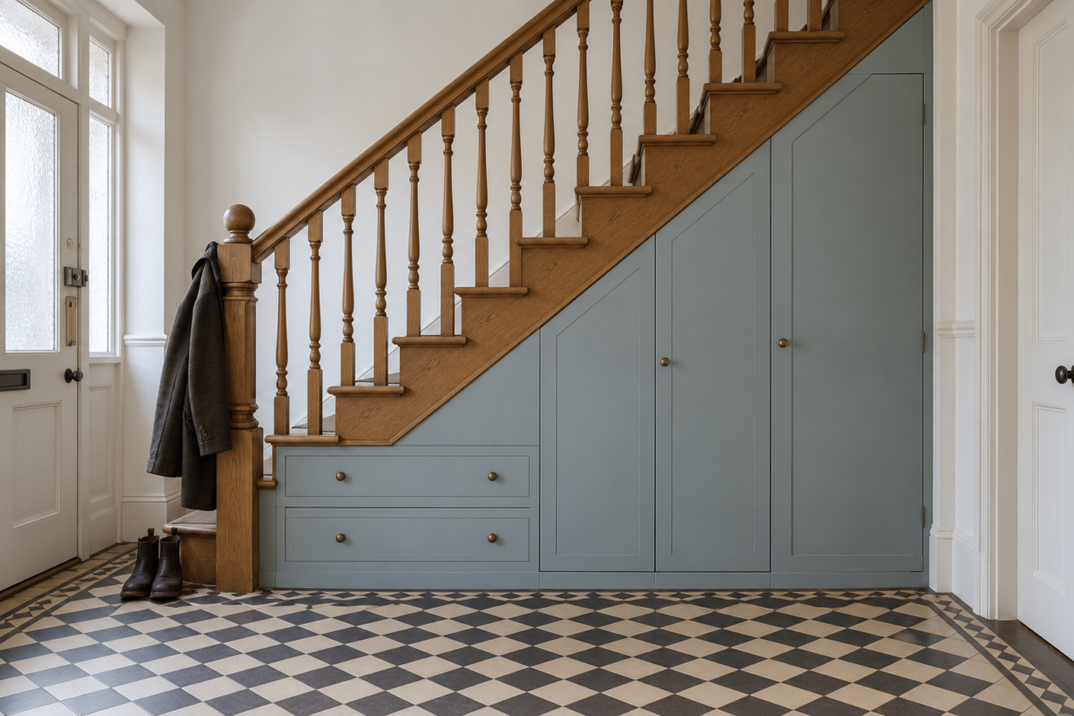 A straight oak staircase with pale blue-gray built-in storage beneath it: tall doors that follow the slope and two drawers under the lowest steps.