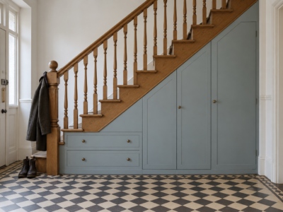 A straight oak staircase with pale blue-gray built-in storage beneath it: tall doors that follow the slope and two drawers under the lowest steps.