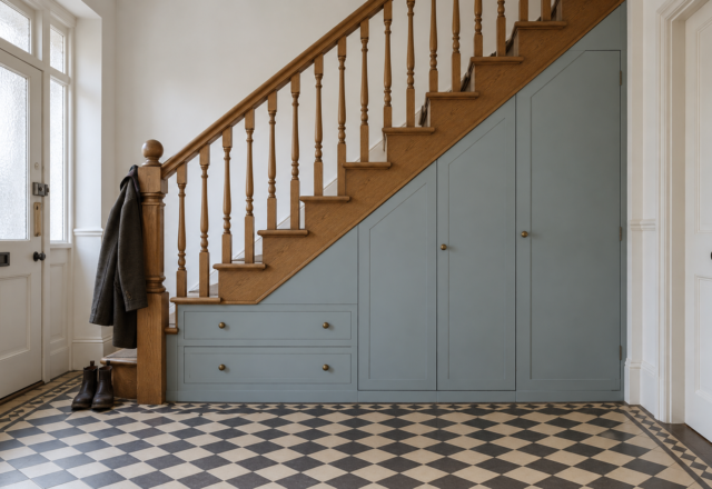 A straight oak staircase with pale blue-gray built-in storage beneath it: tall doors that follow the slope and two drawers under the lowest steps.