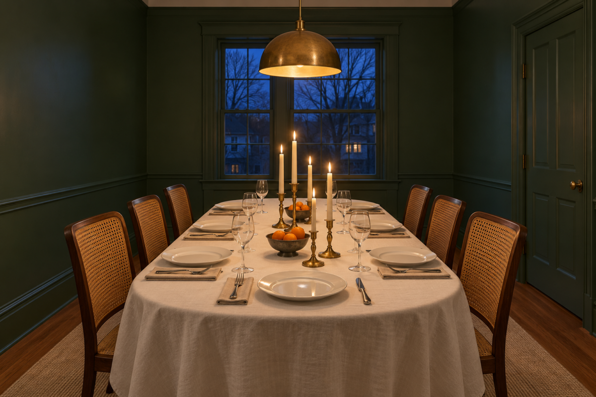 A long dining table set for eight under a brass pendant in a bottle green room at dusk, with lit cream tapers and low bowls of clementines down the white linen cloth.