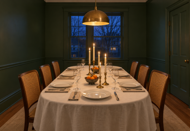 A long dining table set for eight under a brass pendant in a bottle green room at dusk, with lit cream tapers and low bowls of clementines down the white linen cloth.
