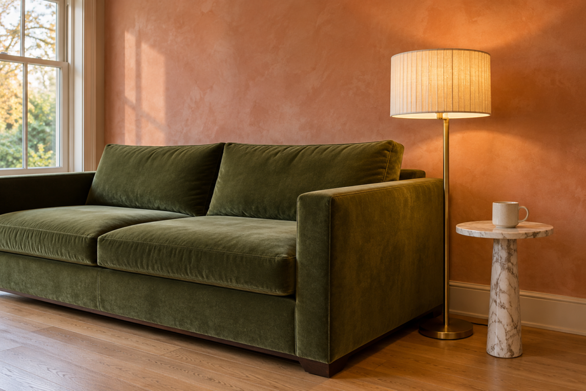 A brass floor lamp with a pleated linen shade lit beside the arm of a moss green velvet sofa, against a coral limewashed wall.