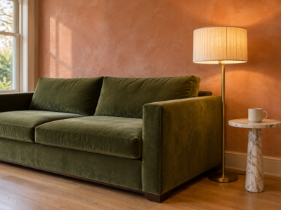 A brass floor lamp with a pleated linen shade lit beside the arm of a moss green velvet sofa, against a coral limewashed wall.