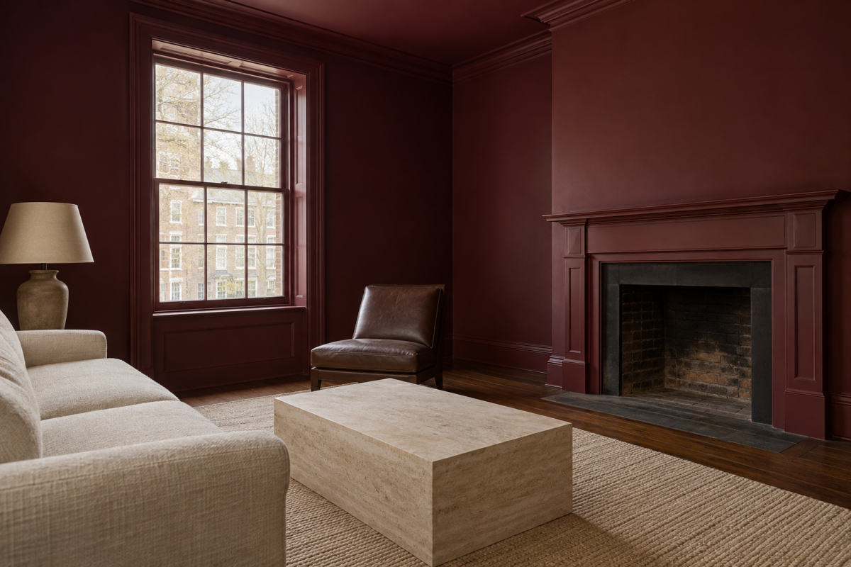 A sitting room with burgundy walls, cornice, ceiling, and window casing, and an oatmeal sofa beside a travertine table.