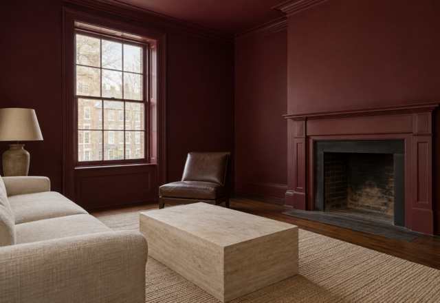 A sitting room with burgundy walls, cornice, ceiling, and window casing, and an oatmeal sofa beside a travertine table.