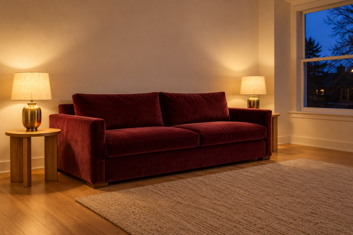 A burgundy velvet sofa in the evening lit by two brass table lamps with linen shades, casting warm light across warm white walls.