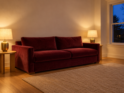 A burgundy velvet sofa in the evening lit by two brass table lamps with linen shades, casting warm light across warm white walls.