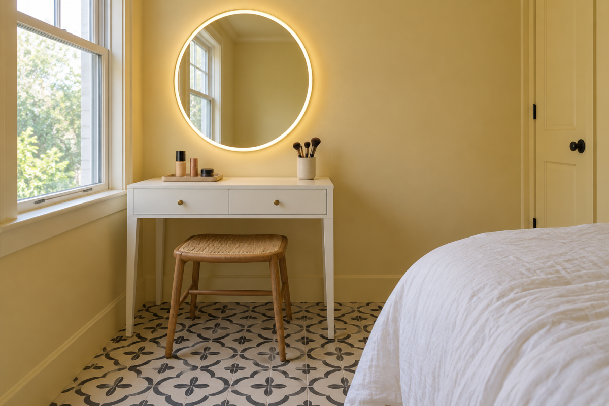 A compact white vanity desk with a round lit mirror and a cane stool in a butter yellow bedroom corner.
