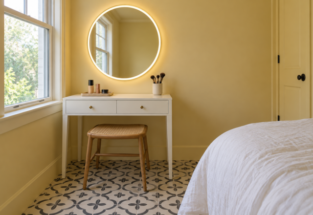 A compact white vanity desk with a round lit mirror and a cane stool in a butter yellow bedroom corner.