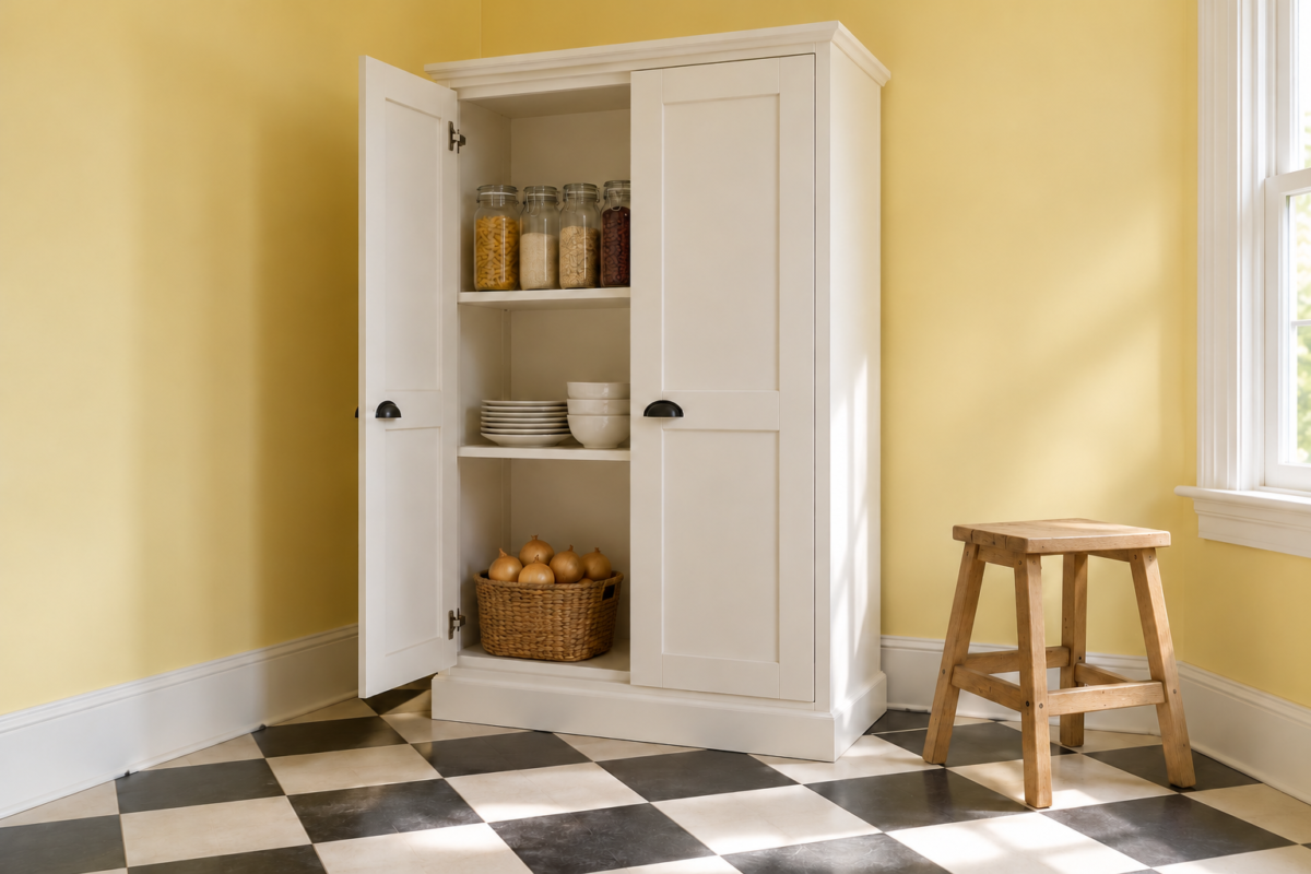A tall white pantry cabinet with one door open to shelves of glass jars, plates, and a basket of onions in a room with butter yellow walls and a checkerboard floor.