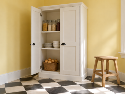 A tall white pantry cabinet with one door open to shelves of glass jars, plates, and a basket of onions in a room with butter yellow walls and a checkerboard floor.