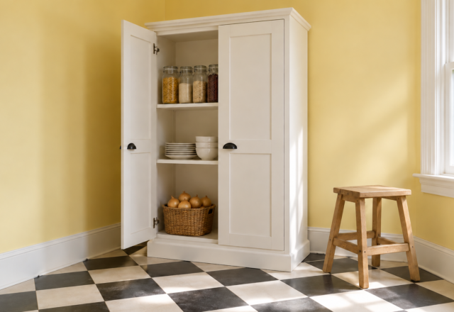 A tall white pantry cabinet with one door open to shelves of glass jars, plates, and a basket of onions in a room with butter yellow walls and a checkerboard floor.