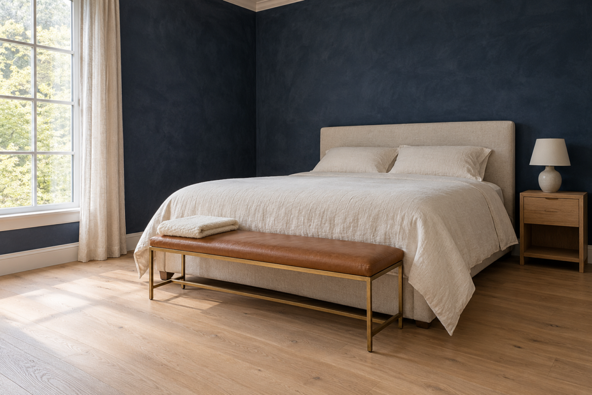 A bedroom with deep ink navy limewashed walls, a queen bed with oatmeal linen bedding, and a caramel leather bench on slim brass legs at its foot, with a folded wool blanket on one end.