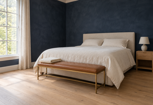 A bedroom with deep ink navy limewashed walls, a queen bed with oatmeal linen bedding, and a caramel leather bench on slim brass legs at its foot, with a folded wool blanket on one end.