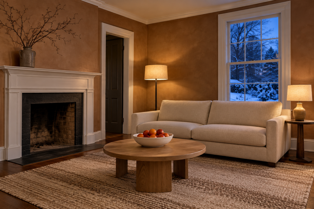 A living room at dusk in January with caramel brown limewashed walls, a cream wool sofa, bare branches in a stoneware jug on the mantel, a bowl of blood oranges, and snow outside the window.