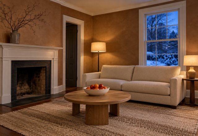 A living room at dusk in January with caramel brown limewashed walls, a cream wool sofa, bare branches in a stoneware jug on the mantel, a bowl of blood oranges, and snow outside the window.