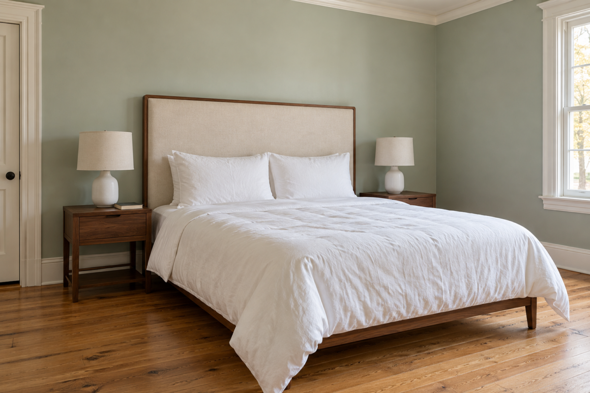 A queen bed with a tall cream linen headboard framed in walnut against a pale celadon green wall, its top well above the two pillows.