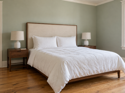 A queen bed with a tall cream linen headboard framed in walnut against a pale celadon green wall, its top well above the two pillows.