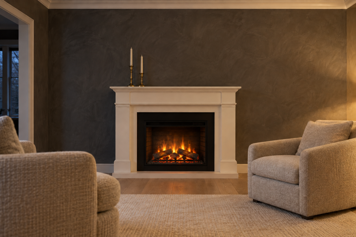 An electric fireplace with a white mantel glowing against a charcoal gray wall, with two wool armchairs angled toward it.
