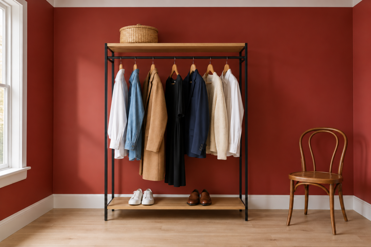 A black metal clothing rack with seven garments on wooden hangers, shoes and a basket on its shelves, against a cherry red bedroom wall.