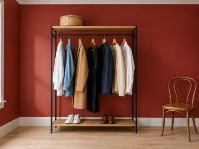 A black metal clothing rack with seven garments on wooden hangers, shoes and a basket on its shelves, against a cherry red bedroom wall.