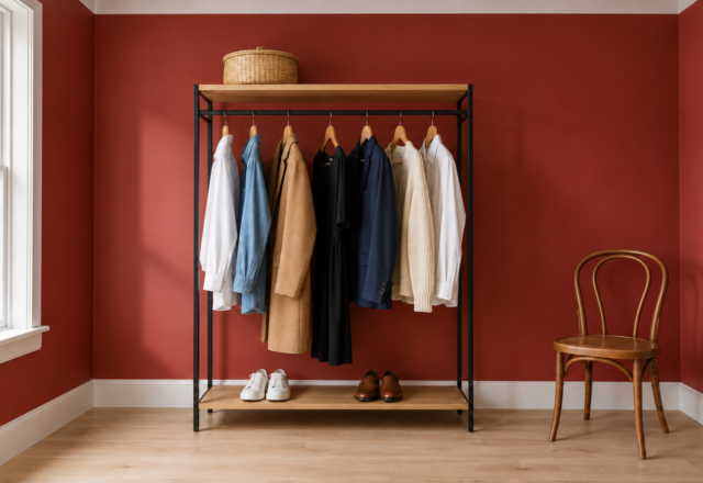 A black metal clothing rack with seven garments on wooden hangers, shoes and a basket on its shelves, against a cherry red bedroom wall.