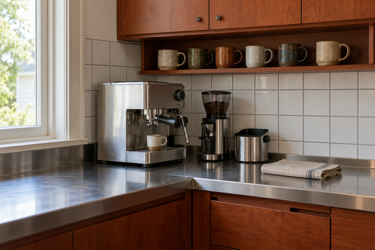 An espresso machine and grinder on a stainless counter between cherry wood cabinets, with mugs on a shelf above.