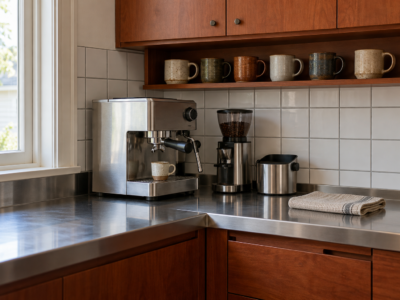 An espresso machine and grinder on a stainless counter between cherry wood cabinets, with mugs on a shelf above.