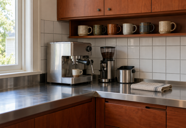An espresso machine and grinder on a stainless counter between cherry wood cabinets, with mugs on a shelf above.
