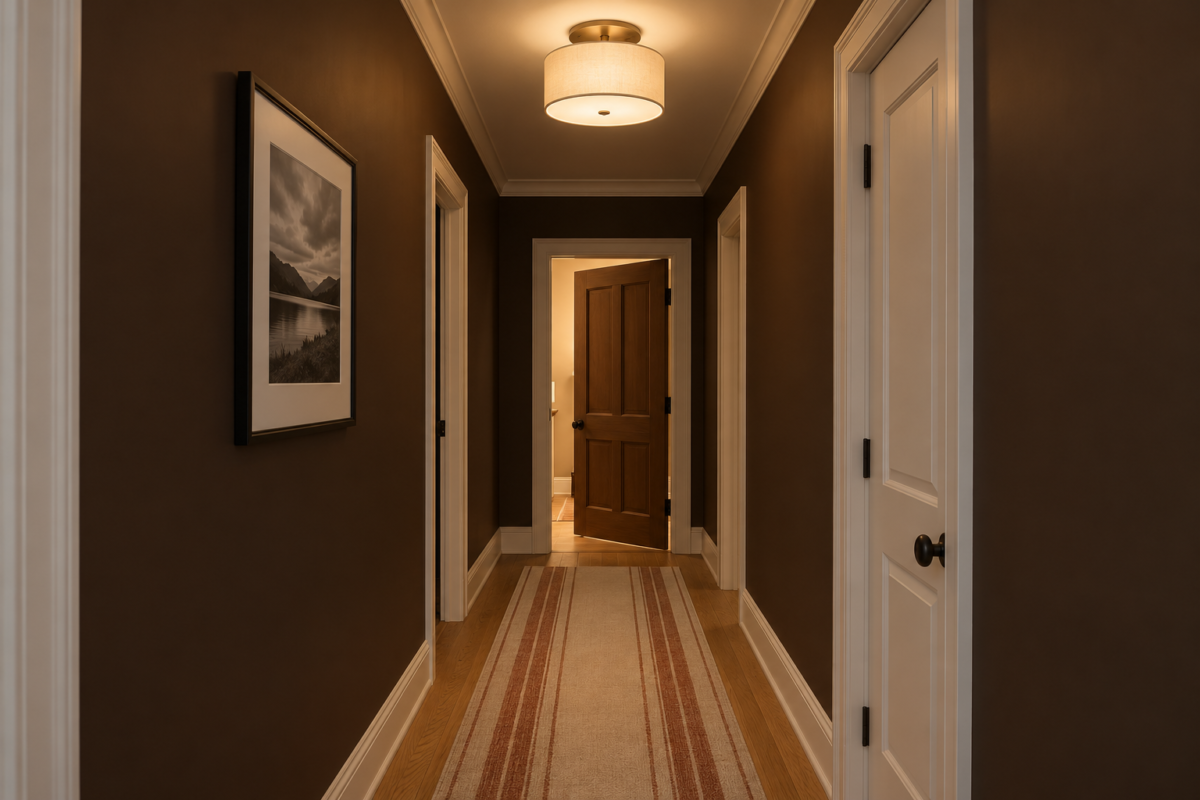 A brass flush mount light with an ivory fabric shade glowing on the ceiling of a chocolate brown hallway.