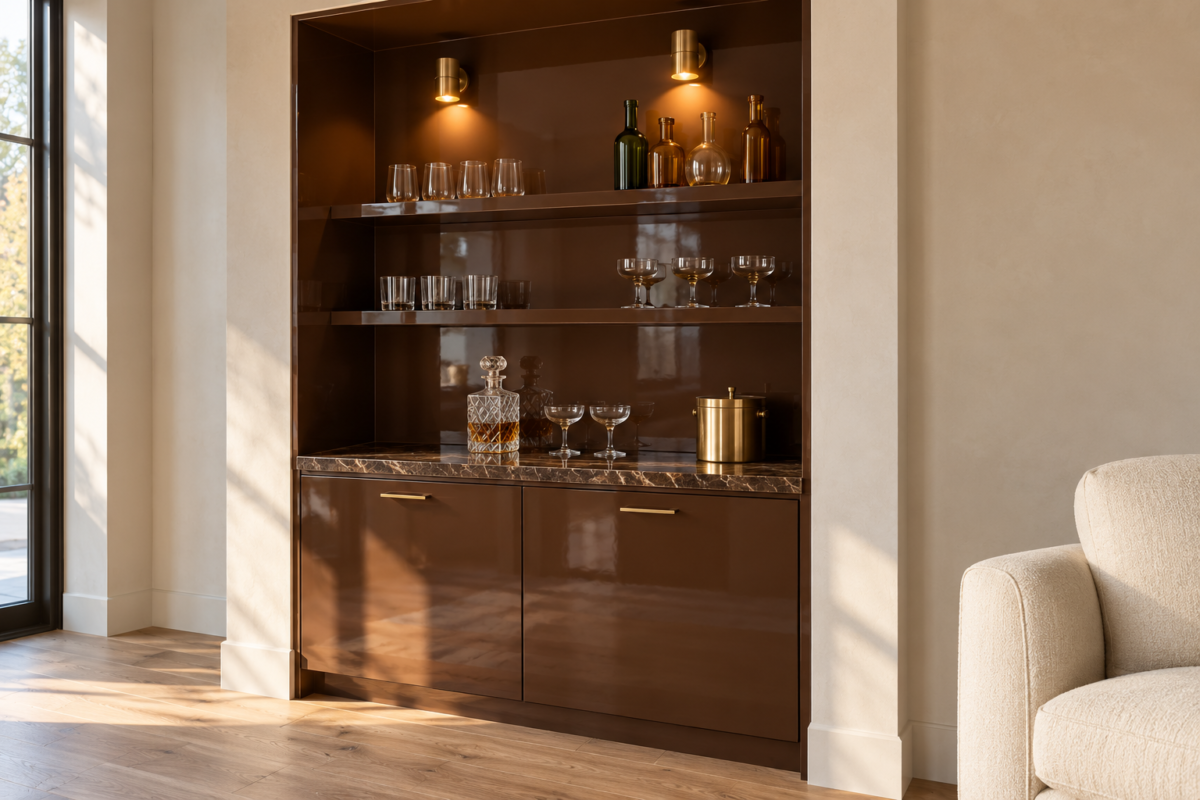A built-in home bar in a living room, with chocolate brown high-gloss lacquered cabinets and shelves, a honed brown marble counter holding a decanter and glasses, and two brass wall lights switched on.