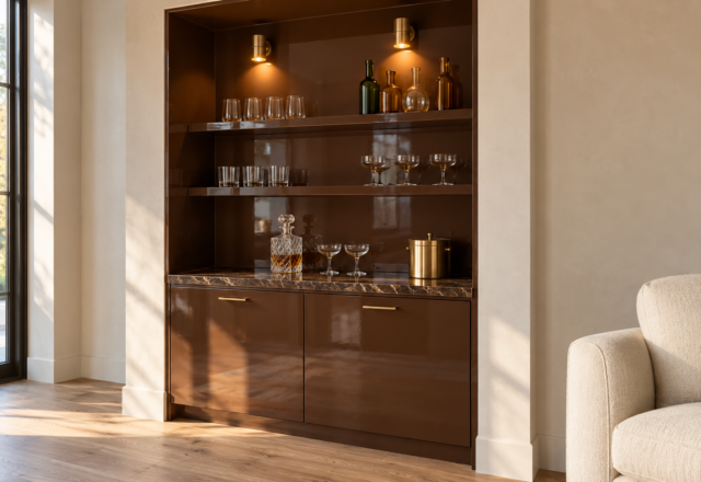 A built-in home bar in a living room, with chocolate brown high-gloss lacquered cabinets and shelves, a honed brown marble counter holding a decanter and glasses, and two brass wall lights switched on.