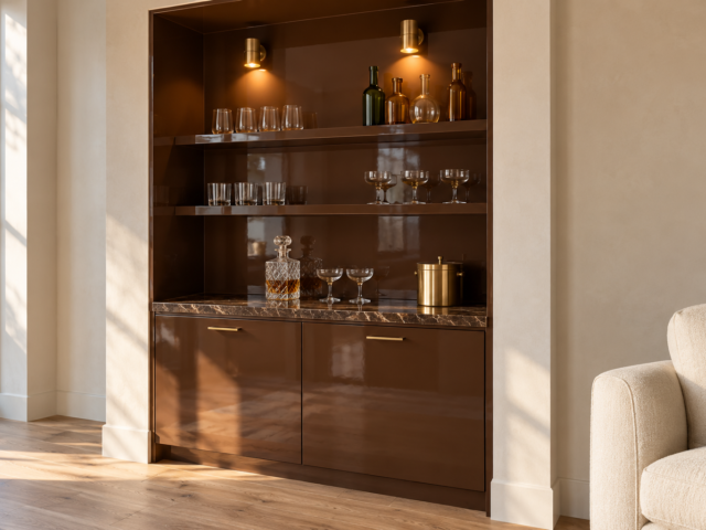 A built-in home bar in a living room, with chocolate brown high-gloss lacquered cabinets and shelves, a honed brown marble counter holding a decanter and glasses, and two brass wall lights switched on.