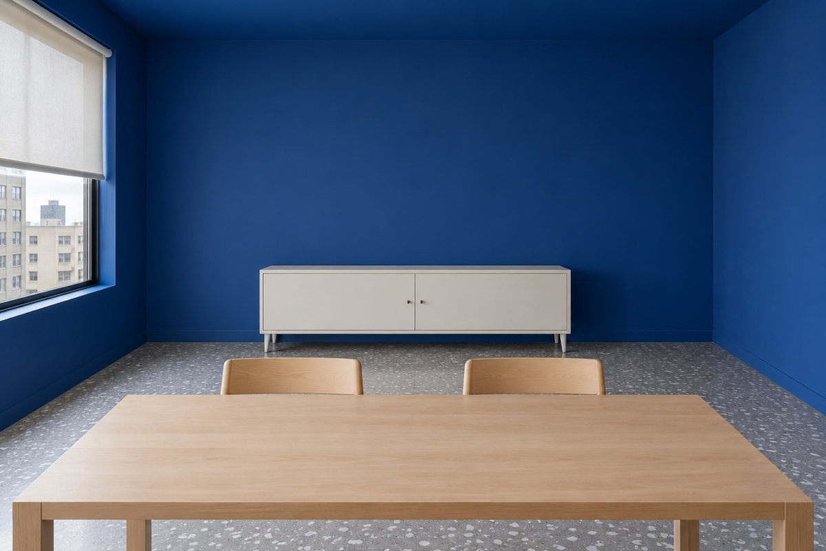 A long bone-white sideboard against a cobalt blue wall, with two pushed-in beech dining chairs and a clear gap between them.