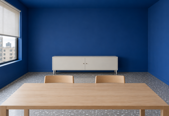 A long bone-white sideboard against a cobalt blue wall, with two pushed-in beech dining chairs and a clear gap between them.