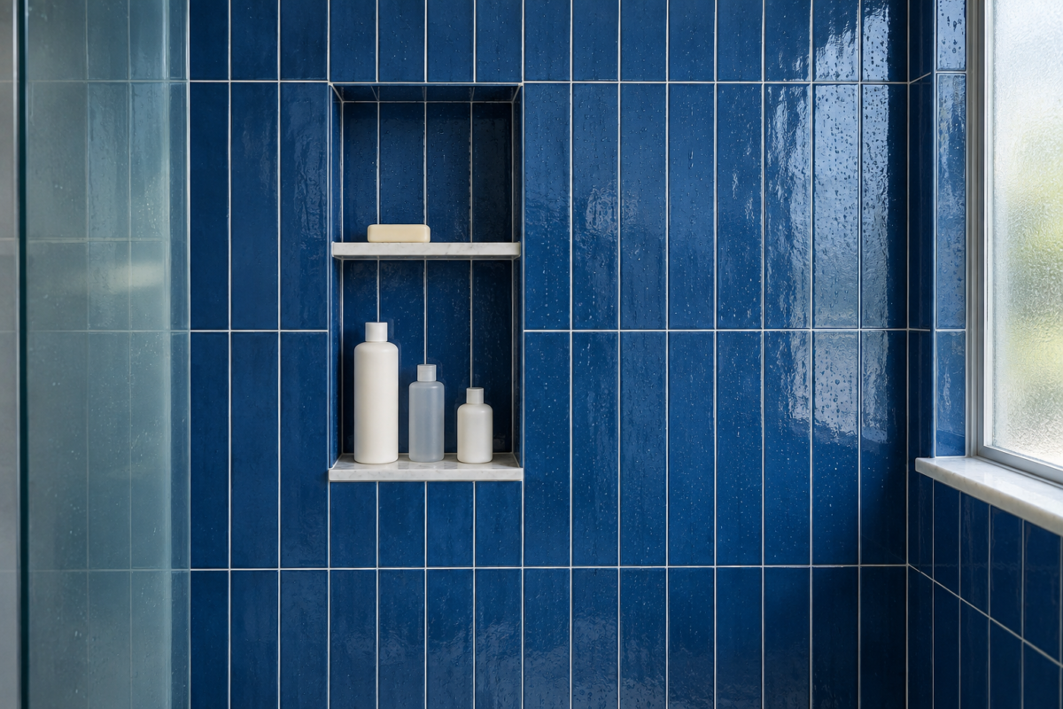 A recessed niche in a cobalt blue tiled shower wall, holding three bottles and a bar of soap.