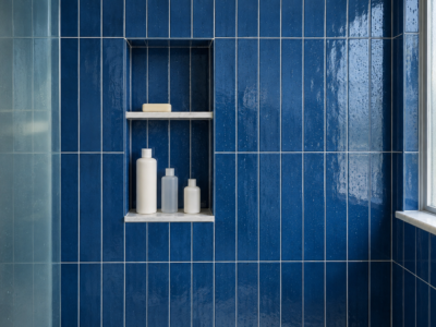 A recessed niche in a cobalt blue tiled shower wall, holding three bottles and a bar of soap.