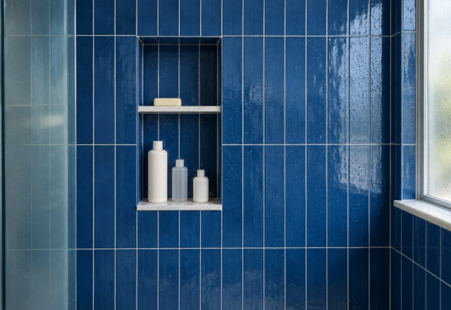 A recessed niche in a cobalt blue tiled shower wall, holding three bottles and a bar of soap.