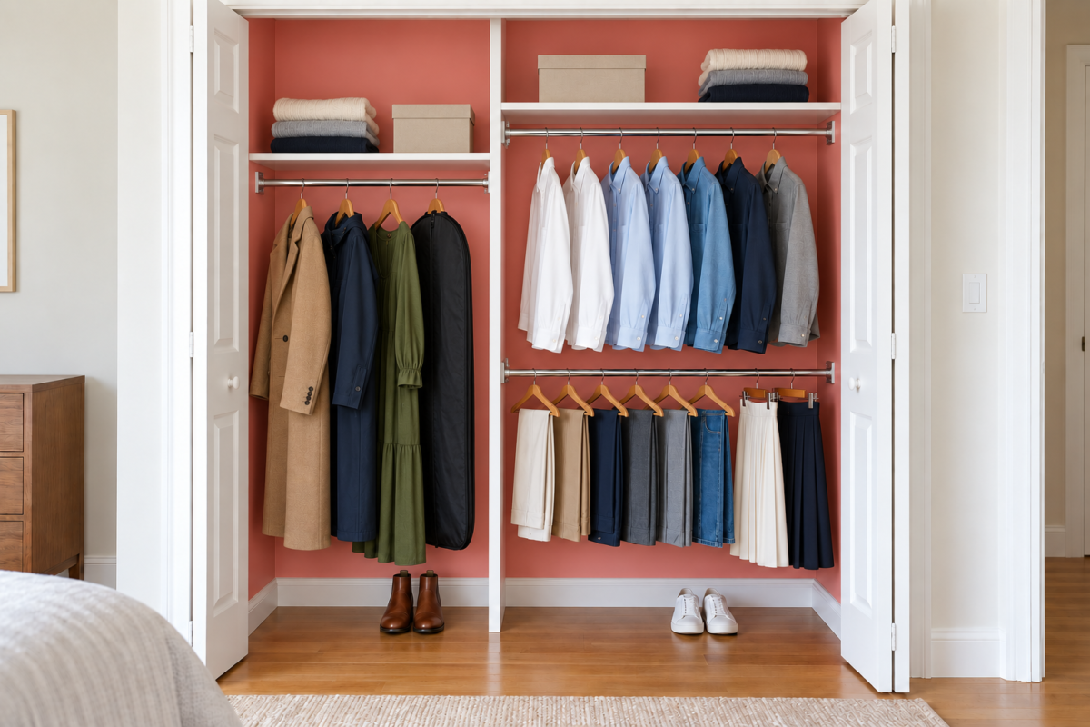 A closet with a coral interior, one rod of long coats and a dress on the left, and two rods of shirts and trousers on the right.