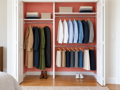 A closet with a coral interior, one rod of long coats and a dress on the left, and two rods of shirts and trousers on the right.