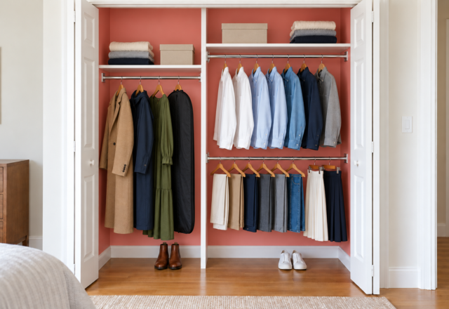 A closet with a coral interior, one rod of long coats and a dress on the left, and two rods of shirts and trousers on the right.
