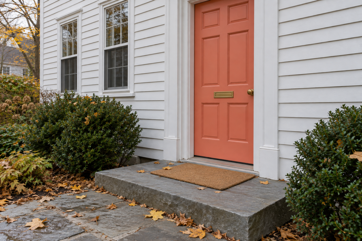 A coral front door on a white clapboard house, with a plain coir doormat about as wide as the door lying on a gray stone step.