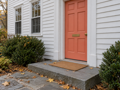 A coral front door on a white clapboard house, with a plain coir doormat about as wide as the door lying on a gray stone step.