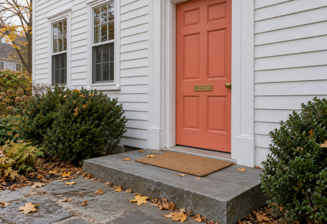 A coral front door on a white clapboard house, with a plain coir doormat about as wide as the door lying on a gray stone step.