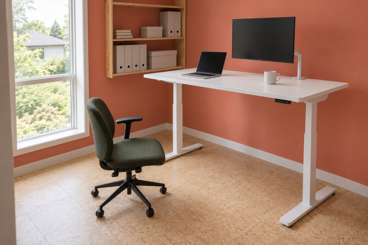 A white electric standing desk raised to standing height in a coral-walled home office, with a green chair beside it.