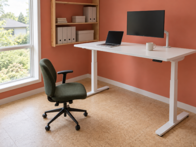 A white electric standing desk raised to standing height in a coral-walled home office, with a green chair beside it.