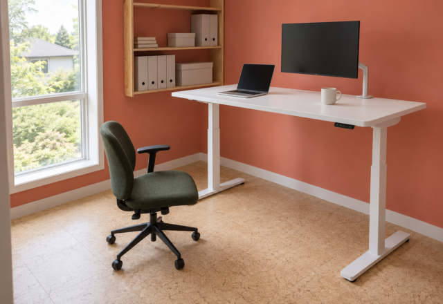 A white electric standing desk raised to standing height in a coral-walled home office, with a green chair beside it.