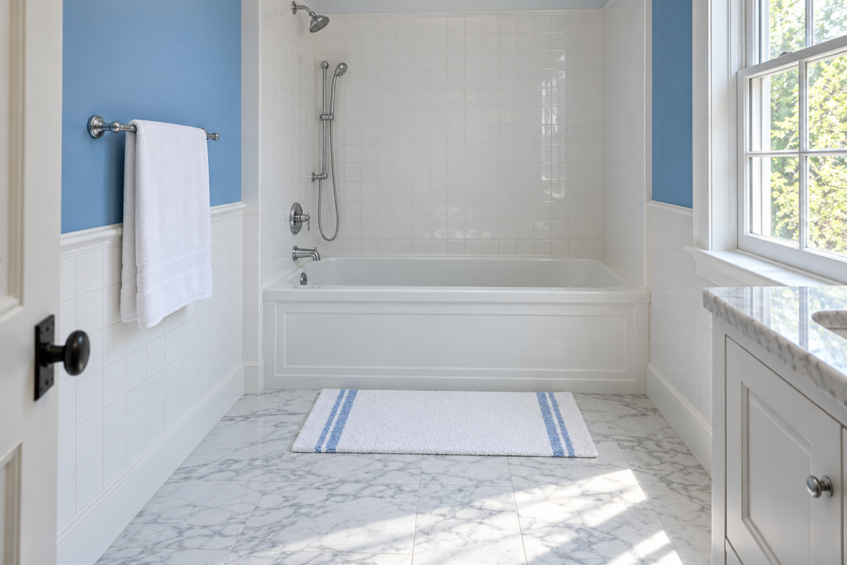 A bathroom with cornflower blue walls above white tile and a white tub, with a white cotton bath mat with a blue stripe lying on the marble floor in front of the tub.